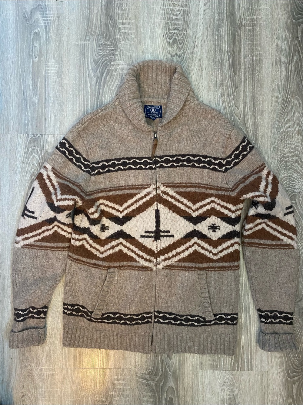 Vintage Lucky Brand Men's Beige Brown Patterned Zip-Up Sweater